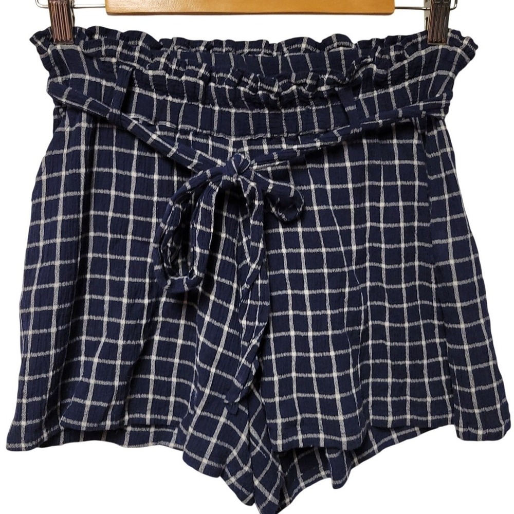 Windowpane Plaid Paperbag Waist Shorts Juniors Size XS Navy Blue Beachy Preppy
